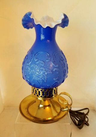 Vintage Fenton Art Glass Blue Lamp With Brass Base - Finger Handle - Ruffled Top