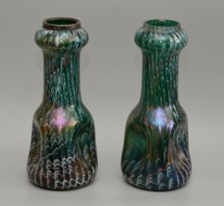 Pair Loetz Arts & Crafts Dimpled Iridescent Feathered C1900 Glass Vases