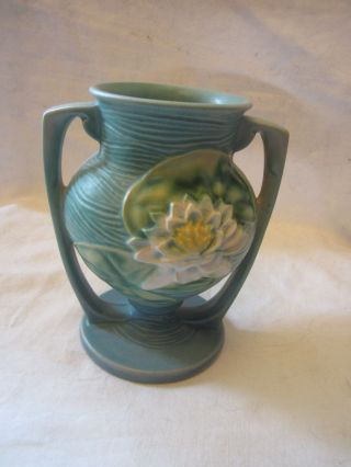 Antique Roseville Pottery Double Handle Blue Green Vase White Water Lillies