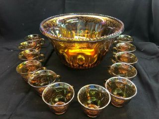 Vintage Iridescent Carnival Amethyst Glass Punch Bowl Set With 12 Cups