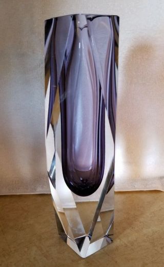 Murano Sommerso Art Glass Vase Lavender Submerged In Clear Faceted Block Vase 8 "