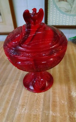 Fenton 1976 Bicentennial Eagle Covered Compote Candy Patriot Red Slag Glass Dish
