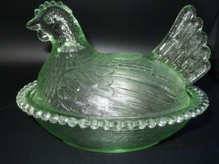 Indiana Glass Large 5.  25 " Tall Vaseline Hen On Nest Covered Dish Euc