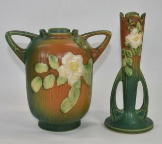 Vintage Roseville Pottery White Rose Brown And Green Vases 979 - 6 And 995 - 7