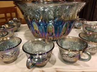 Vintage Blue Harvest Grape Carnival Glass Punch Bowl And 11 Matching Glasses 2