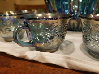 Vintage Blue Harvest Grape Carnival Glass Punch Bowl And 11 Matching Glasses 3