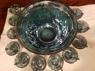 Vintage Blue Harvest Grape Carnival Glass Punch Bowl And 11 Matching Glasses 5