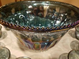Vintage Blue Harvest Grape Carnival Glass Punch Bowl And 11 Matching Glasses 6