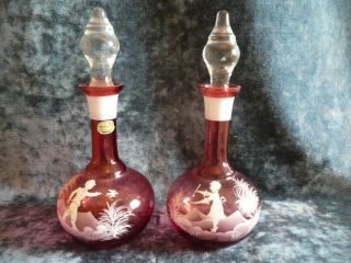 Mary Gregory Style Bohemia Cranberry Glass Decanters Boxed.