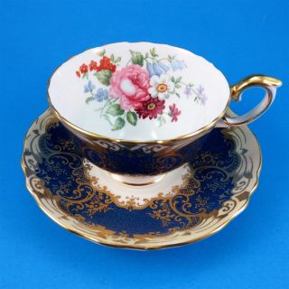 Cobalt Blue With Gold Design And Florals Crown Staffordshire Tea Cup & Saucer