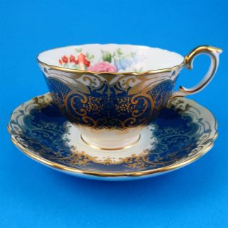 Cobalt Blue with Gold Design and Florals Crown Staffordshire Tea Cup & Saucer 2