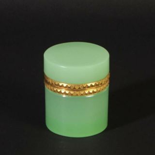 Vintage Jewelery Box French Opaline Glass Firepolished Gold Metal Plate Green