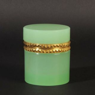 VINTAGE jewelery box French opaline glass firepolished gold metal plate green 2