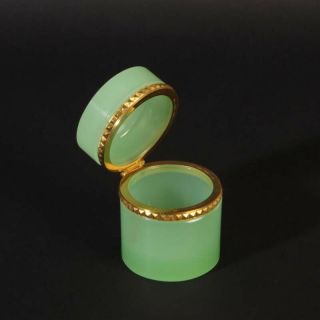 VINTAGE jewelery box French opaline glass firepolished gold metal plate green 3