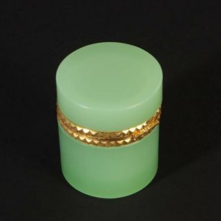 VINTAGE jewelery box French opaline glass firepolished gold metal plate green 4