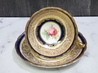 Paragon England Cobalt Blue And Gold Rose Cabinet Footed Teacup And Saucer A1033