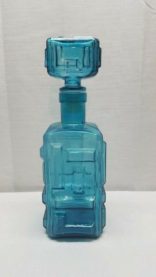 Vintage Mid Century Modern Empoli Art Glass Blue Decanter Bottle Brutalist 12 "
