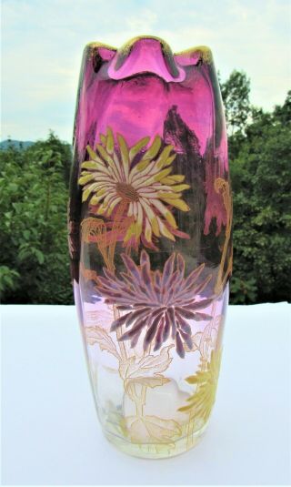 Antique Bohemian Cranberry To Clear Chrysanthemum Swirl Vase With Flutted Top