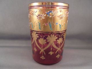 Old Antique Moser Art Glass Cranberry & Gold Enameled Daisy Tumbler
