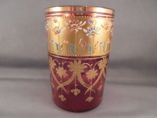 Old Antique Moser Art Glass Cranberry & Gold Enameled Daisy Tumbler 2
