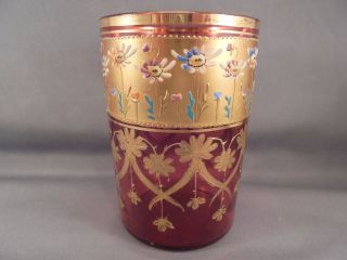 Old Antique Moser Art Glass Cranberry & Gold Enameled Daisy Tumbler 3