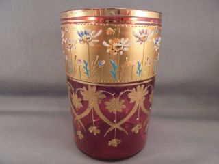 Old Antique Moser Art Glass Cranberry & Gold Enameled Daisy Tumbler 4