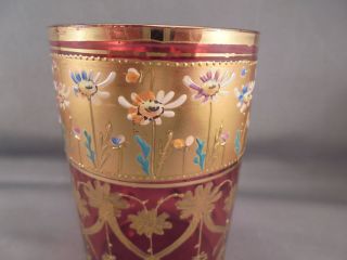 Old Antique Moser Art Glass Cranberry & Gold Enameled Daisy Tumbler 5