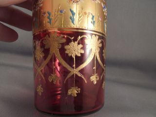 Old Antique Moser Art Glass Cranberry & Gold Enameled Daisy Tumbler 6