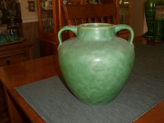 Vintage Burley Winter Pottery Green Two Handled Round Bulbous Vase 3