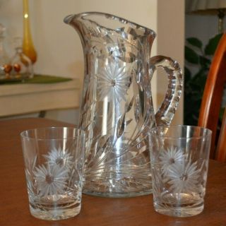 Antique Abp Cut Crystal Pitcher W/ 2 Matching Tumblers American Brilliant Period