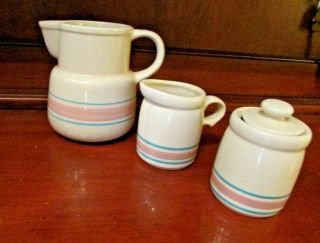 Vintage Mccoy Pottery Pink Blue Stripe 3 Pc Set Pitcher Creamer Sugar Bowl
