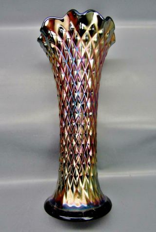 Northwood Diamond Point Dark Amethyst Carnival Glass 9½ " Swung Vase 6867