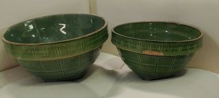 2 Vtg 1930s Green Stoneware Mixing Bowls Sheild 9,  11 Window Pane Primitive