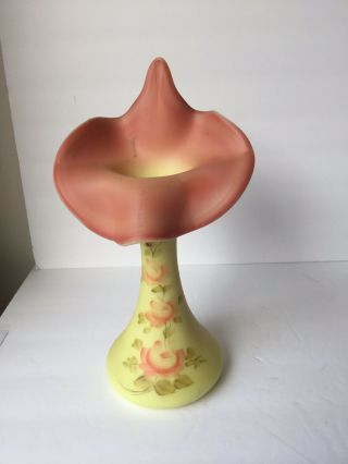 Fenton Burmese Yellow & Pink Roses Jack In The Pulpit Vase Hand Painted - Signed