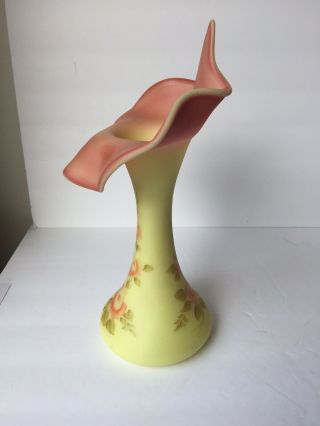 Fenton Burmese Yellow & Pink Roses Jack in the Pulpit Vase Hand Painted - Signed 2