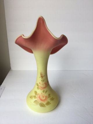 Fenton Burmese Yellow & Pink Roses Jack in the Pulpit Vase Hand Painted - Signed 3