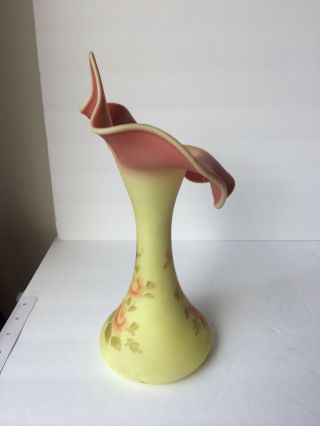 Fenton Burmese Yellow & Pink Roses Jack in the Pulpit Vase Hand Painted - Signed 4