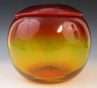 Vintage Blenko American Art Glass Sunset Red Orange Yellow Globe Vase