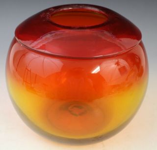 Vintage Blenko American Art Glass Sunset Red Orange Yellow Globe Vase 2