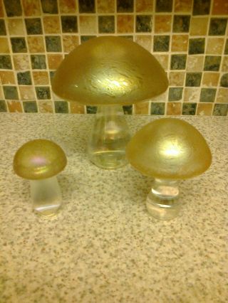 3 X Glasform Glass Golden & Pink Toadstool Mushroom Paperweight John Ditchfield?