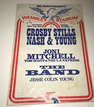 Crosby Stills Nash Young - Rare 1974 London Wembley Programme Joni Mitchell Band