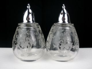 Fostoria Navarre Salt And Pepper Shaker Set W Chrome Lids,  Elegant Etched Glass