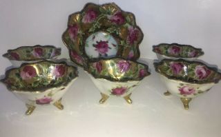 C1891 - Antique 5 Footed Nut Bowls & 1 Master Bowl - Nippon Hand Painted Rose