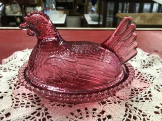 Vtg Indiana Glass Cranberry Red Hen On Nest Covered Candy Nr
