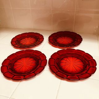 4 Fostoria Ruby Red Argus Luncheon Plates Stem 2770 American Pressed Glass 8 "