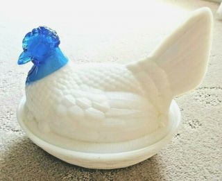 Eapg 7 Inch Atterbury Hen On Nest With Electric Blue Cased Head