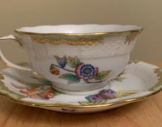 Herend Queen Victoria Green Border Footed Tea Cup & Saucer