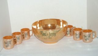 Vintage Tom & Jerry 7 Piece Set Anchor Hocking Punch Bowl & 6 Cups Peach Lustre