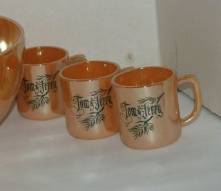 Vintage Tom & Jerry 7 Piece Set Anchor Hocking Punch Bowl & 6 Cups Peach Lustre 2