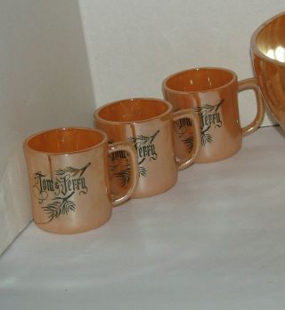 Vintage Tom & Jerry 7 Piece Set Anchor Hocking Punch Bowl & 6 Cups Peach Lustre 3